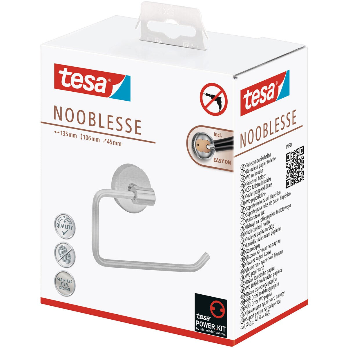 tesa® Nooblesse Toilettenpapierhalter ohne Deckel, Edelstahloptik, inkl. Klebelösung