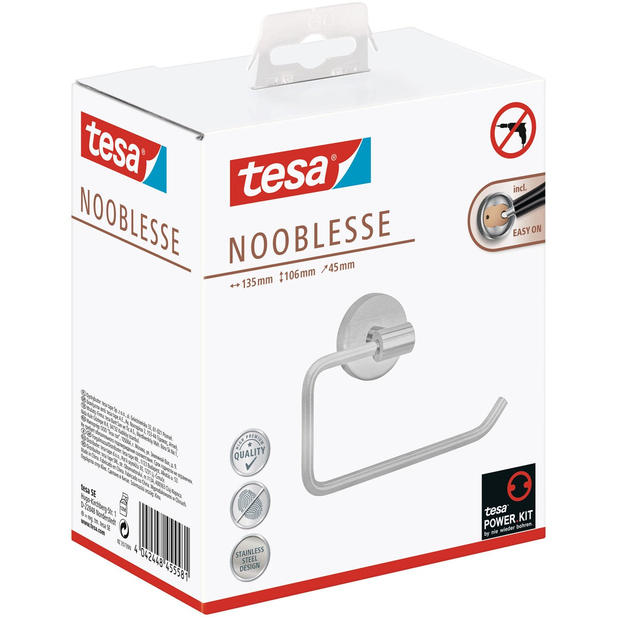 tesa® Nooblesse Toilettenpapierhalter ohne Deckel, Edelstahloptik, inkl. Klebelösung