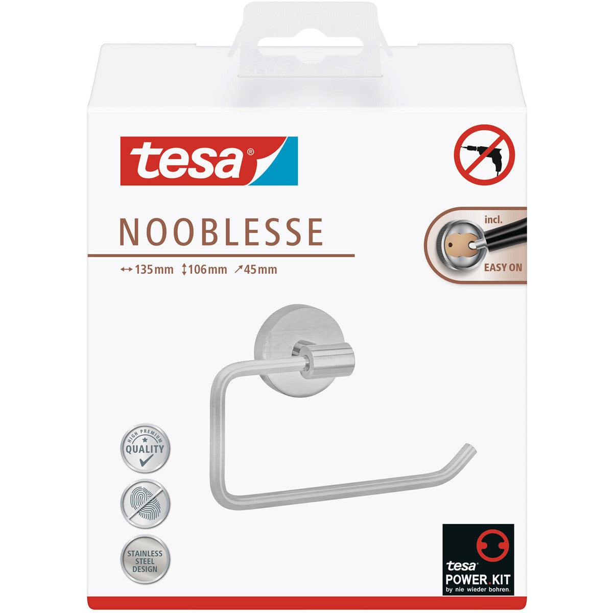 tesa® Nooblesse Toilettenpapierhalter ohne Deckel, Edelstahloptik, inkl. Klebelösung