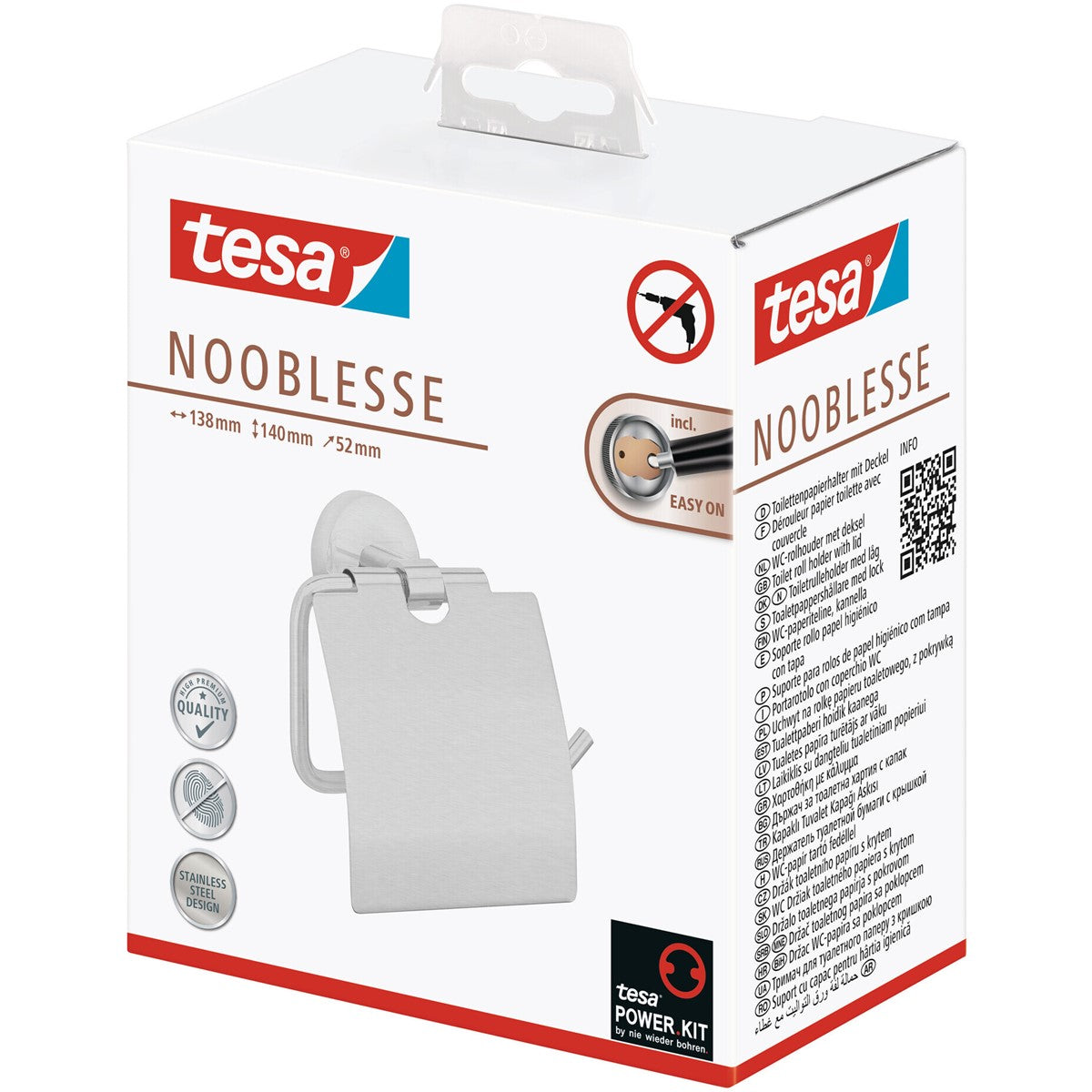 tesa® Nooblesse Toilettenpapierhalter mit Deckel, Edelstahloptik, inkl. Klebelösung