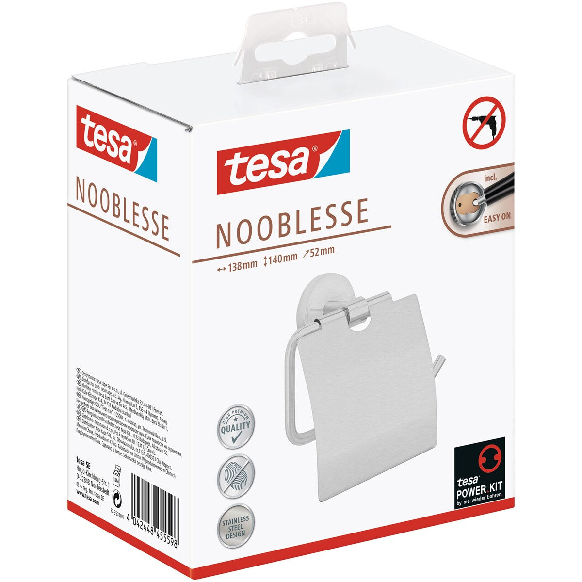 tesa® Nooblesse Toilettenpapierhalter mit Deckel, Edelstahloptik, inkl. Klebelösung