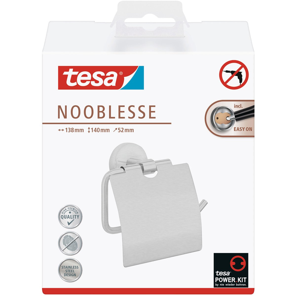 tesa® Nooblesse Toilettenpapierhalter mit Deckel, Edelstahloptik, inkl. Klebelösung
