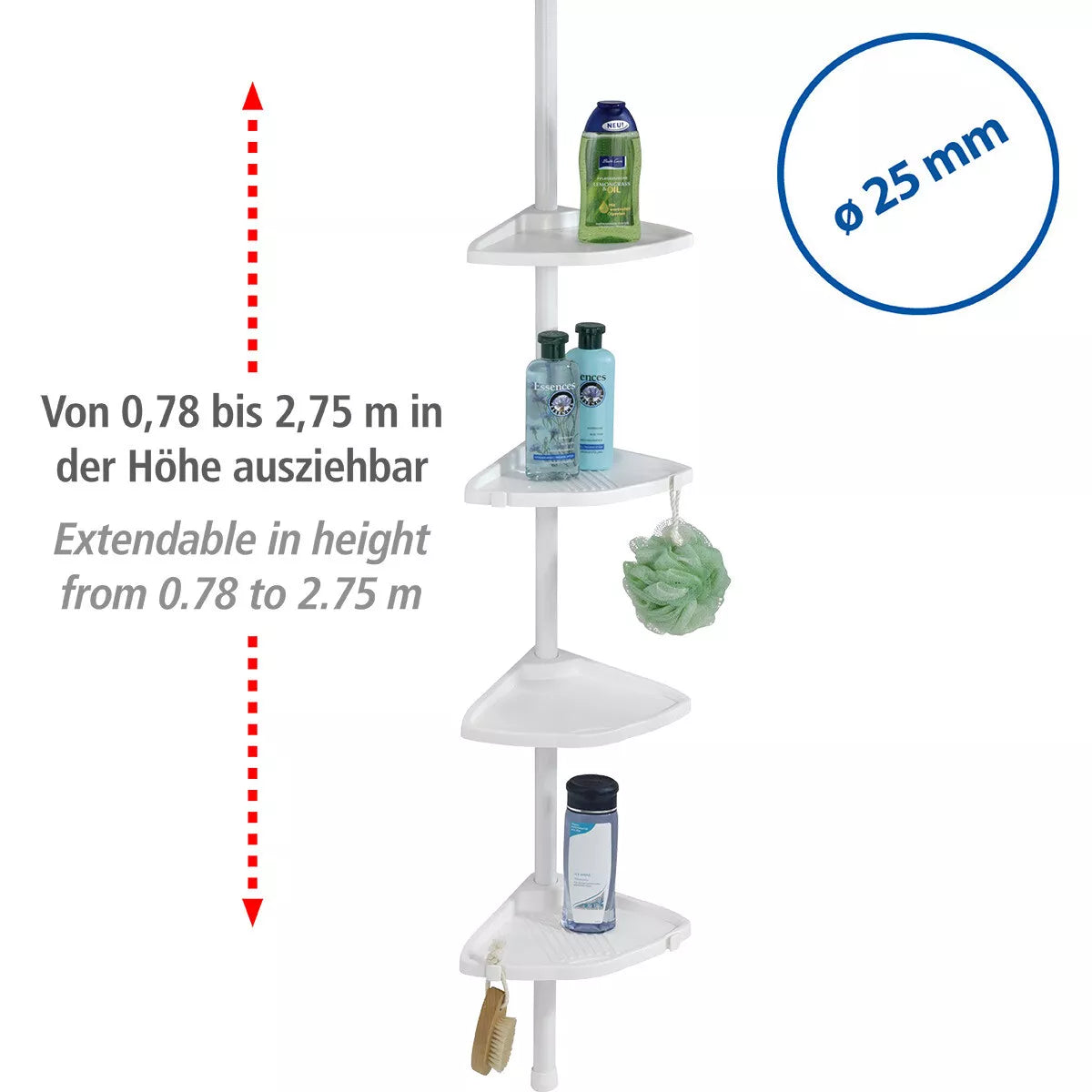 WENKO Teleskop Regal Eck Regal Dusche Ecke mit 4 Ablagen Bad Compact Weiß Haken Art.