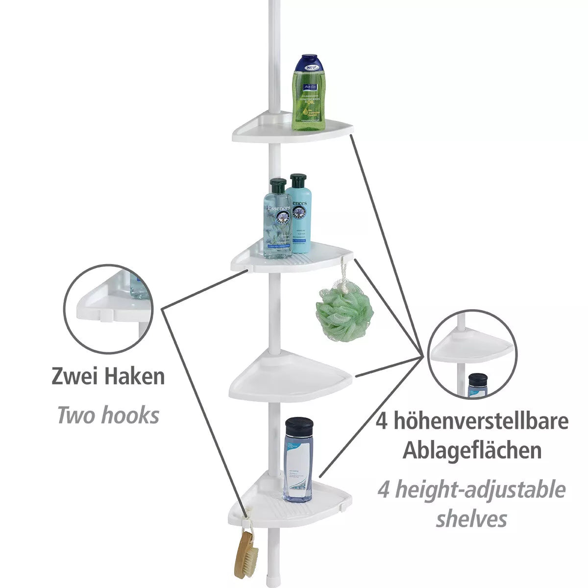WENKO Teleskop Regal Eck Regal Dusche Ecke mit 4 Ablagen Bad Compact Weiß Haken Art.
