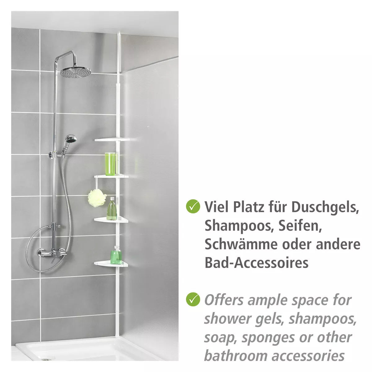 WENKO Teleskop Regal Eck Regal Dusche Ecke mit 4 Ablagen Bad Compact Weiß Haken Art.