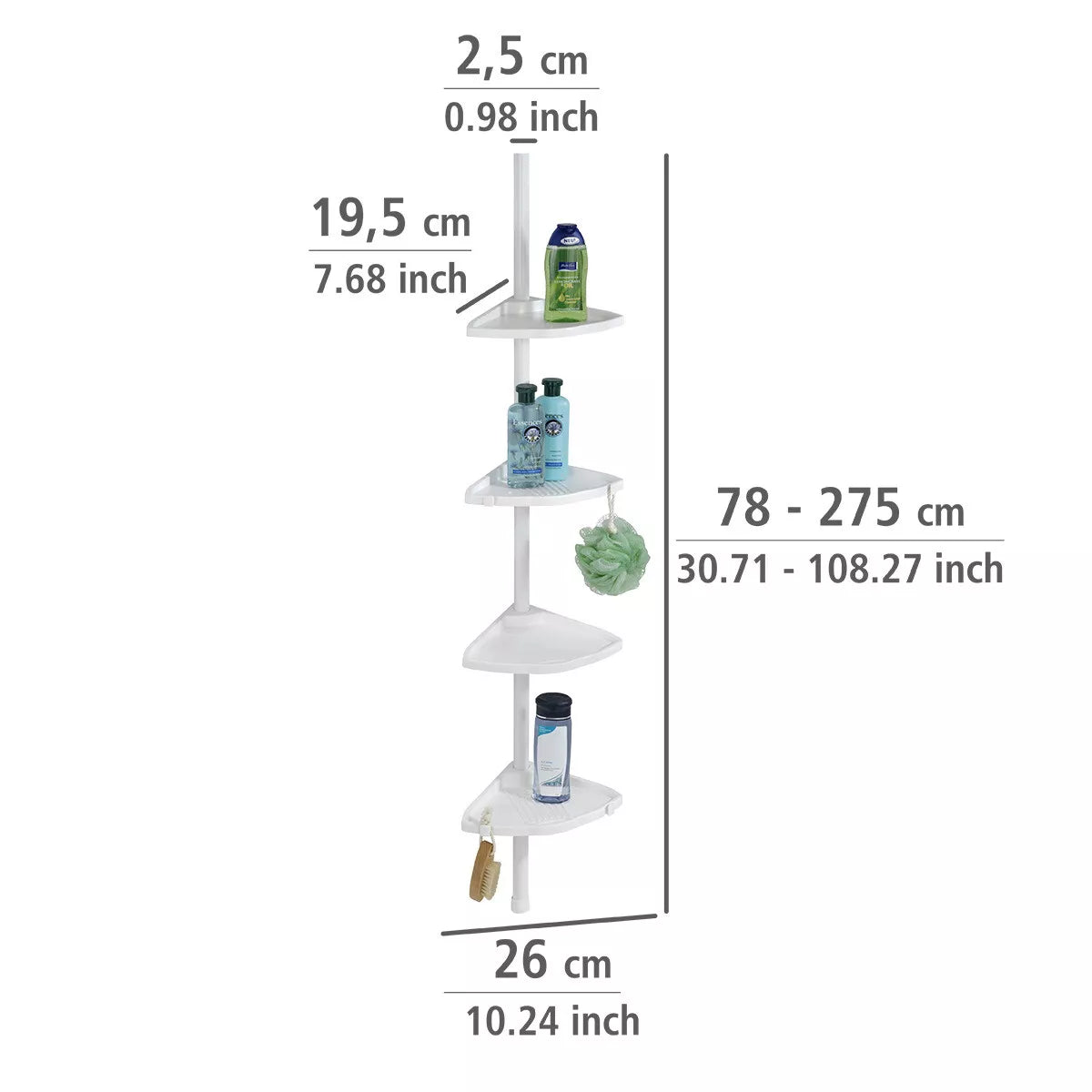 WENKO Teleskop Regal Eck Regal Dusche Ecke mit 4 Ablagen Bad Compact Weiß Haken Art.