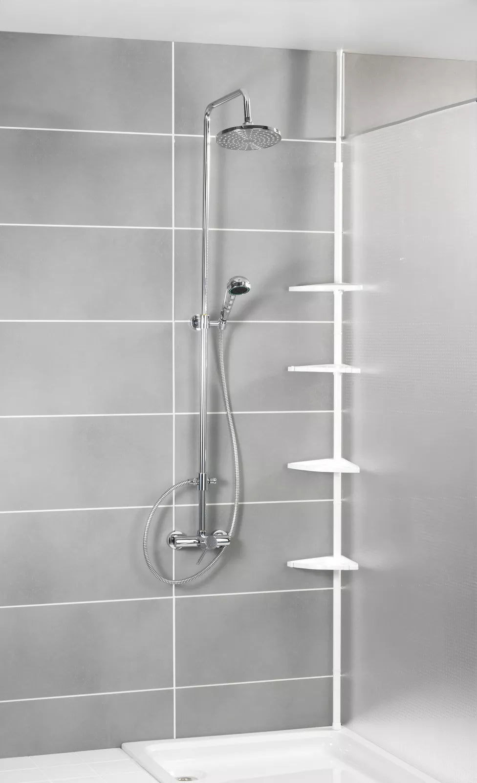 WENKO Teleskop Regal Eck Regal Dusche Ecke mit 4 Ablagen Bad Compact Weiß Haken Art.