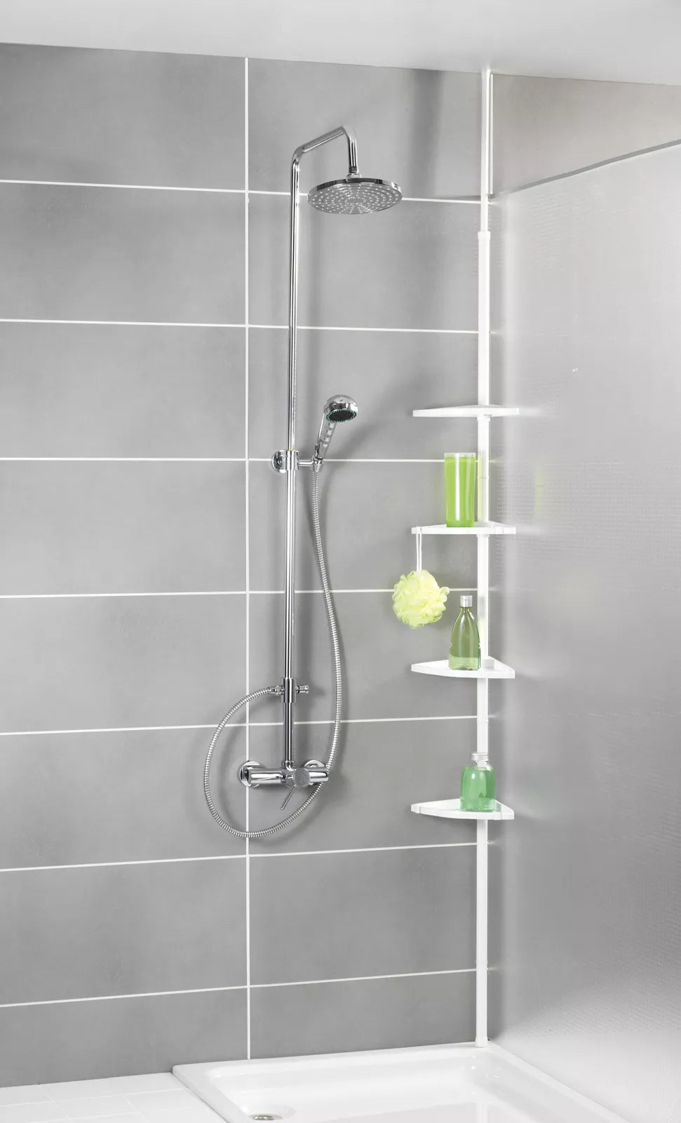 WENKO Teleskop Regal Eck Regal Dusche Ecke mit 4 Ablagen Bad Compact Weiß Haken Art.