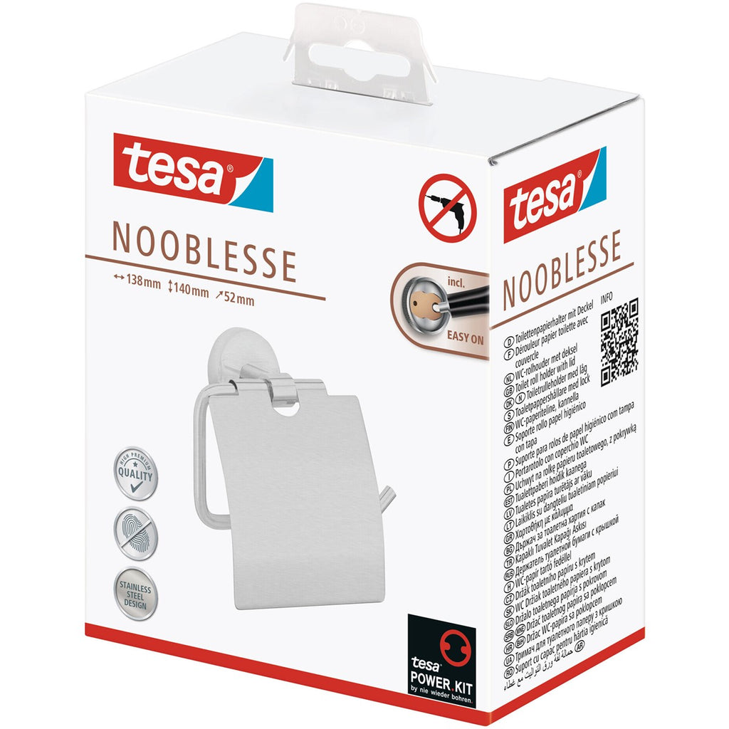 tesa® Nooblesse Toilettenpapierhalter mit Deckel, Edelstahloptik, inkl. Klebelösung