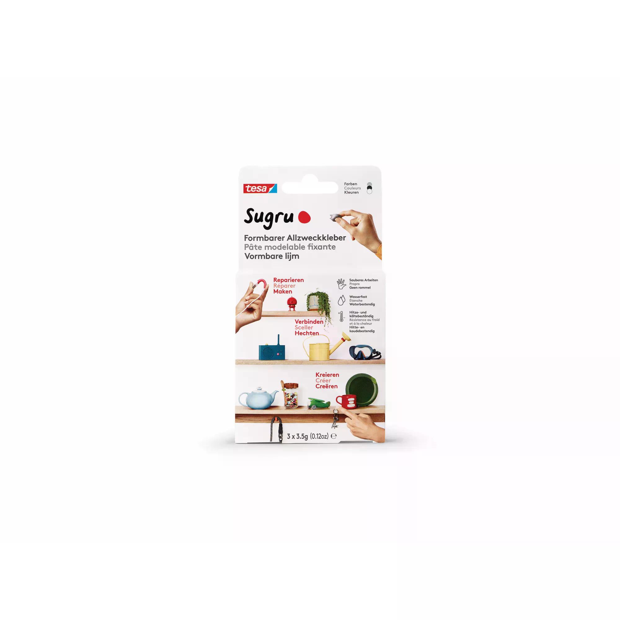 Sugru by tesa - Formbarer Allzweckkleber, 3er-Pack, 3 x 3,5 g, ALLE FARBEN - vielseitige Klebeknete - zum Dekorieren, Kleben, Reparieren und für kreative DIY-Anwendungen