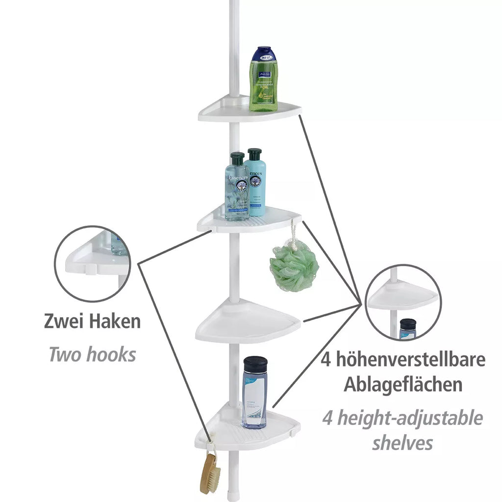 WENKO Teleskop Regal Eck Regal Dusche Ecke mit 4 Ablagen Bad Compact Weiß Haken Art.