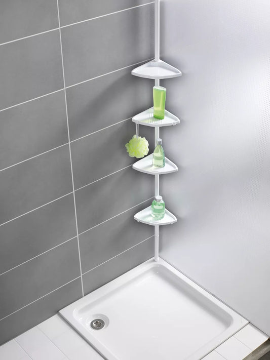 WENKO Teleskop Regal Eck Regal Dusche Ecke mit 4 Ablagen Bad Compact Weiß Haken Art.