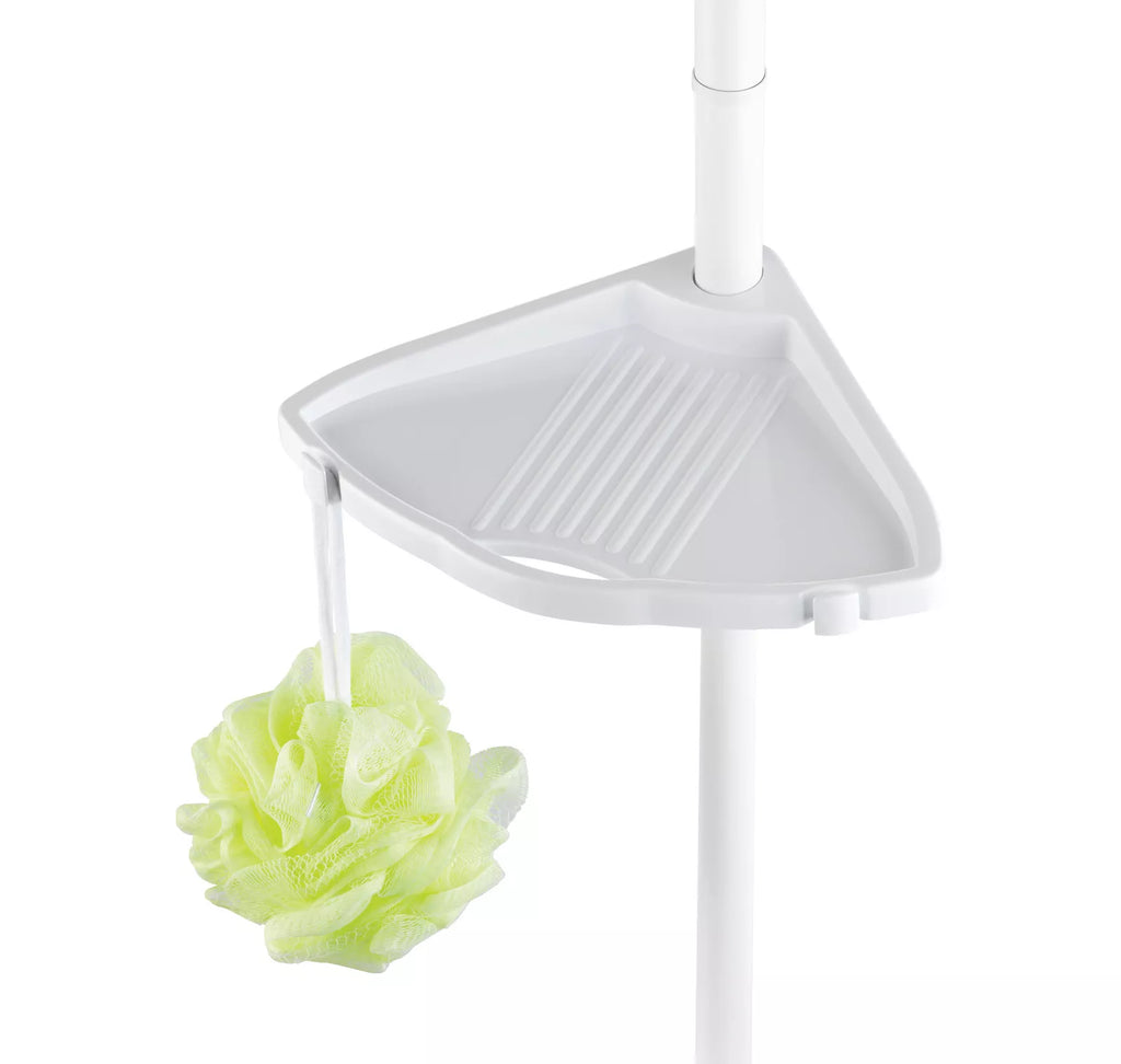 WENKO Teleskop Regal Eck Regal Dusche Ecke mit 4 Ablagen Bad Compact Weiß Haken Art.